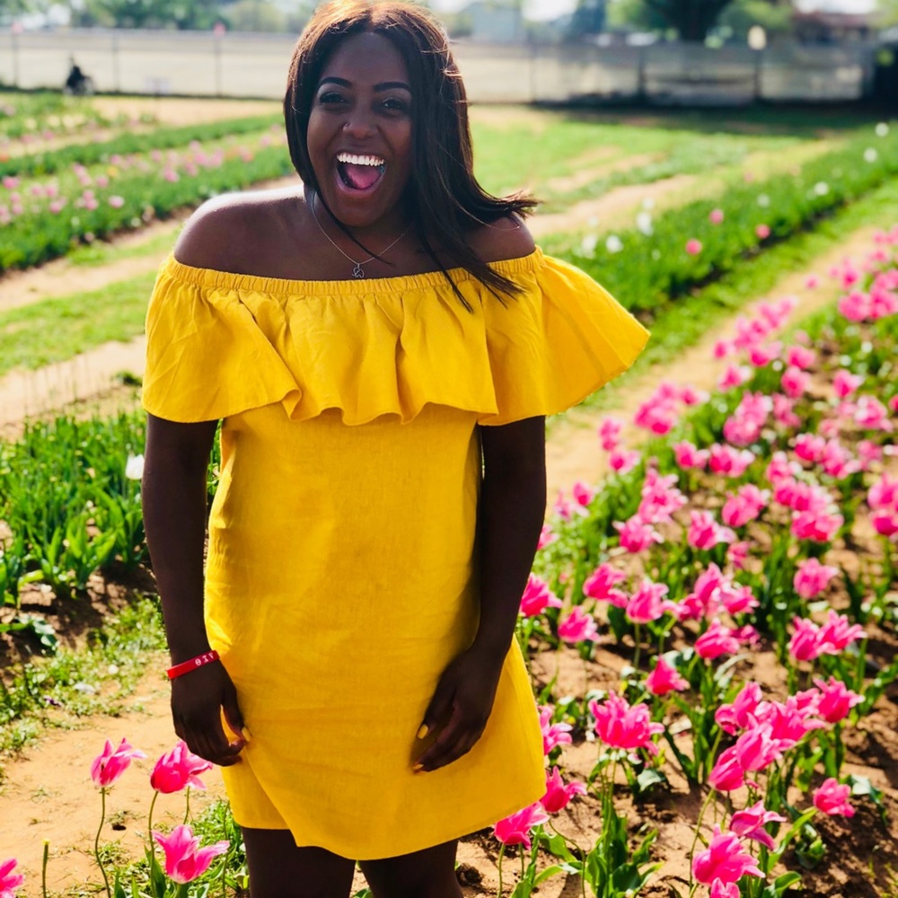 Yellow off the shoulder dress